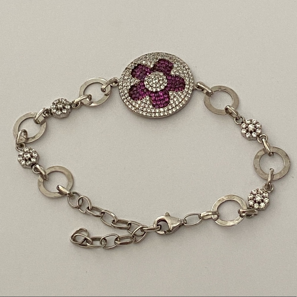 925 Silver flower bracelet pink clear zirconia cz stones flowers adjustable size